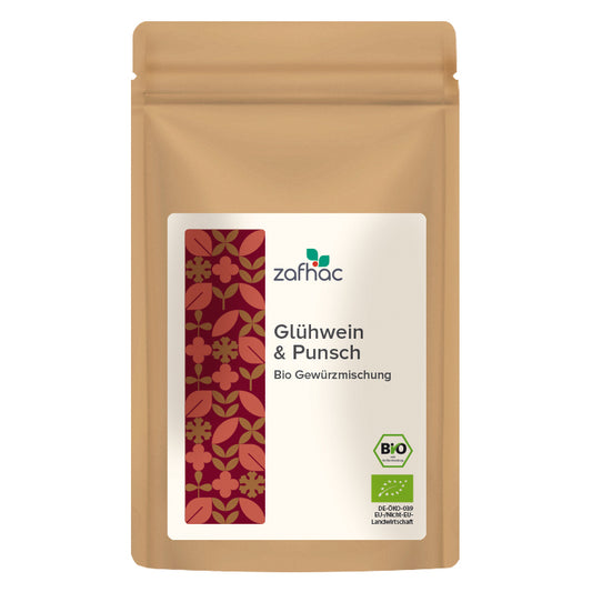 Braune Verpackung mit Aufschrift „Glühwein & Punsch Bio Gewürzmischung“