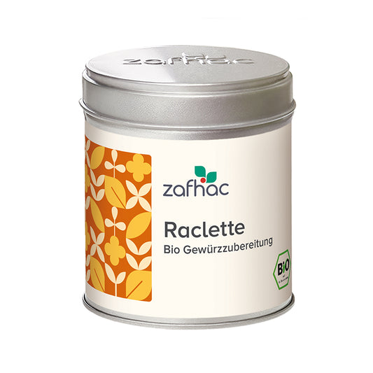 Metalldose mit zafhac Deckel und Aufschrift „Raclette Bio Gewürzzubereitung“
