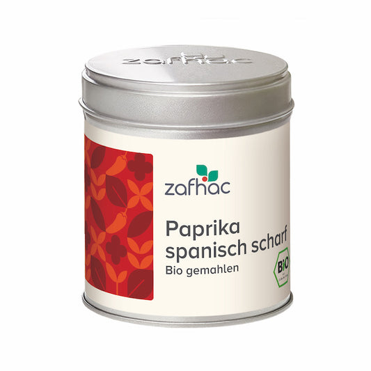 Metalldose mit zafhac Deckel und Aufschrift „Paprika spanisch scharf Bio gemahlen“