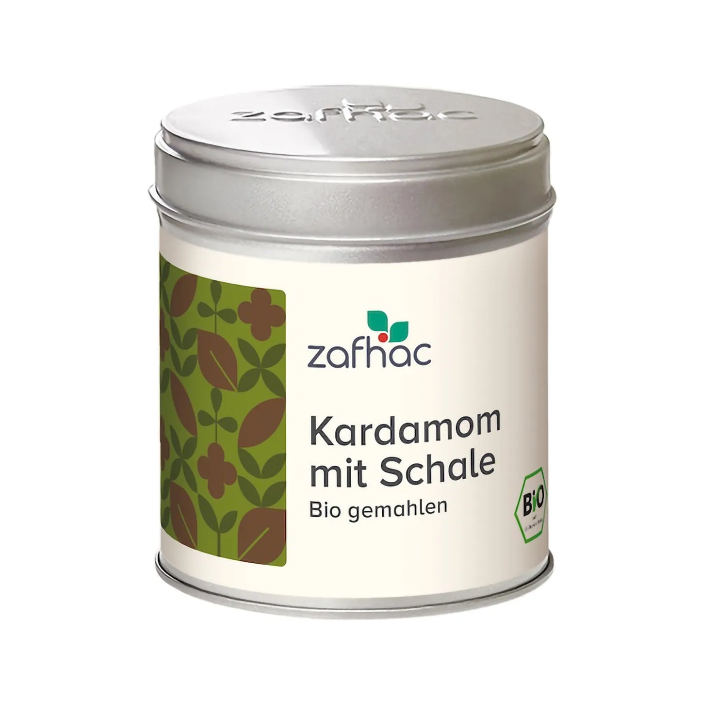 Metalldose mit zafhac Deckel und Aufschrift „Kardamom mit Schale Bio gemahlen“