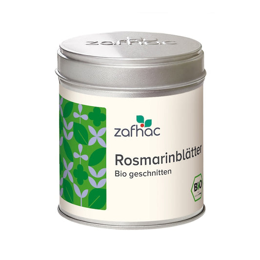 Metalldose mit zafhac Deckel und Aufschrift „Rosmarinblätter Bio geschnitten“