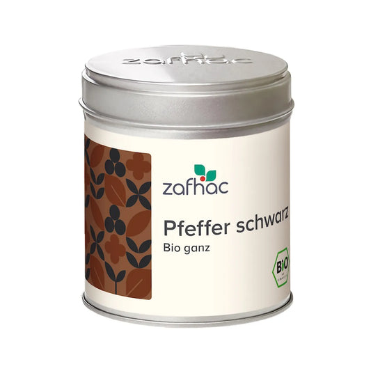 Metalldose mit zafhac Deckel und Aufschrift „Pfeffer schwarz Bio ganz“