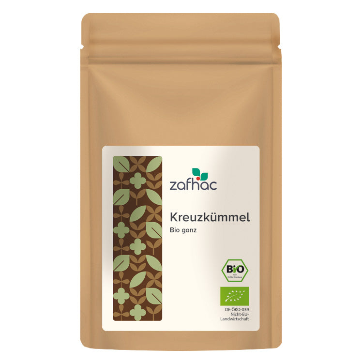 Braune Verpackung mit Aufschrift „Kreuzkümmel Bio ganz“