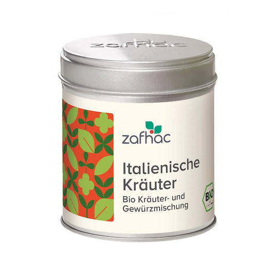 Metalldose mit zafhac Deckel und Aufschrift „Italienische Kräuter Bio Kräuter- und Gewürzmischung“