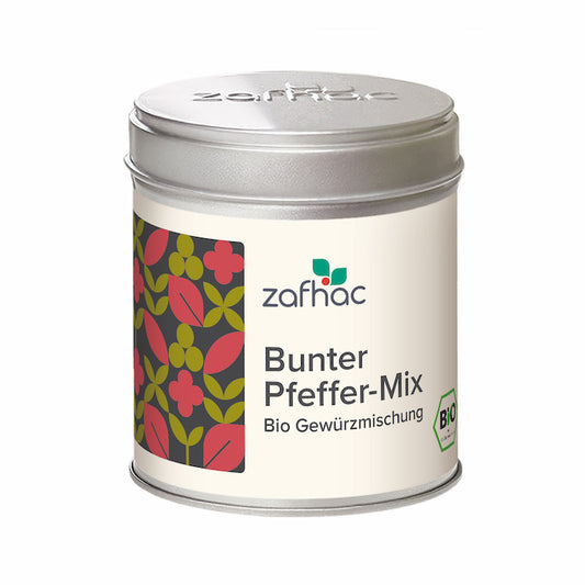 Metalldose mit zafhac Deckel und Aufschrift „Bunter Pfeffer-Mix Bio Gewürzmischung“