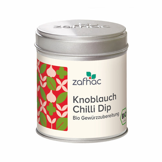 Metalldose mit zafhac Deckel und Aufschrift „Knoblauch Chilli Dip Bio Gewürzzubereitung“