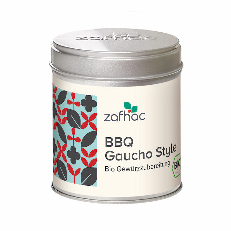 Metalldose mit zafhac Deckel und Aufschrift „BBQ Gaucho Style Bio Gewürzzubereitung“