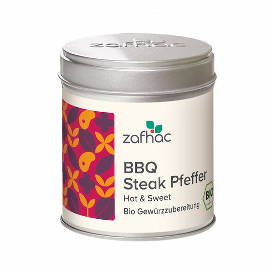 Metalldose mit zafhac Deckel und Aufschrift „BBQ Steak Pfeffer Hot & Sweet Bio Gewürzzubereitung“