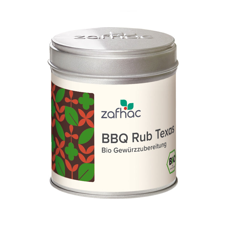 Metalldose mit zafhac Deckel und Aufschrift „BBQ Rub Texas Bio Gewürzzubereitung“