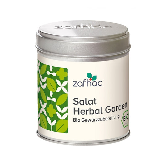 Metalldose mit zafhac Deckel und Aufschrift „Salat Herbal Garden Bio Gewürzzubereitung“