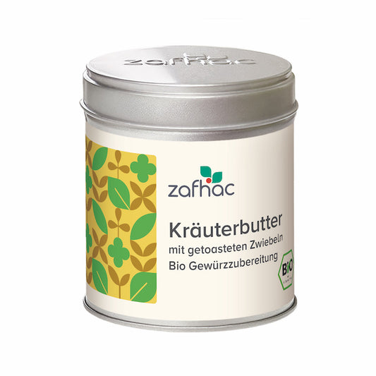 Metalldose mit zafhac Deckel und Aufschrift „Kräuterbutter mit getoasteten Zwiebeln Bio Gewürzzubereitung“