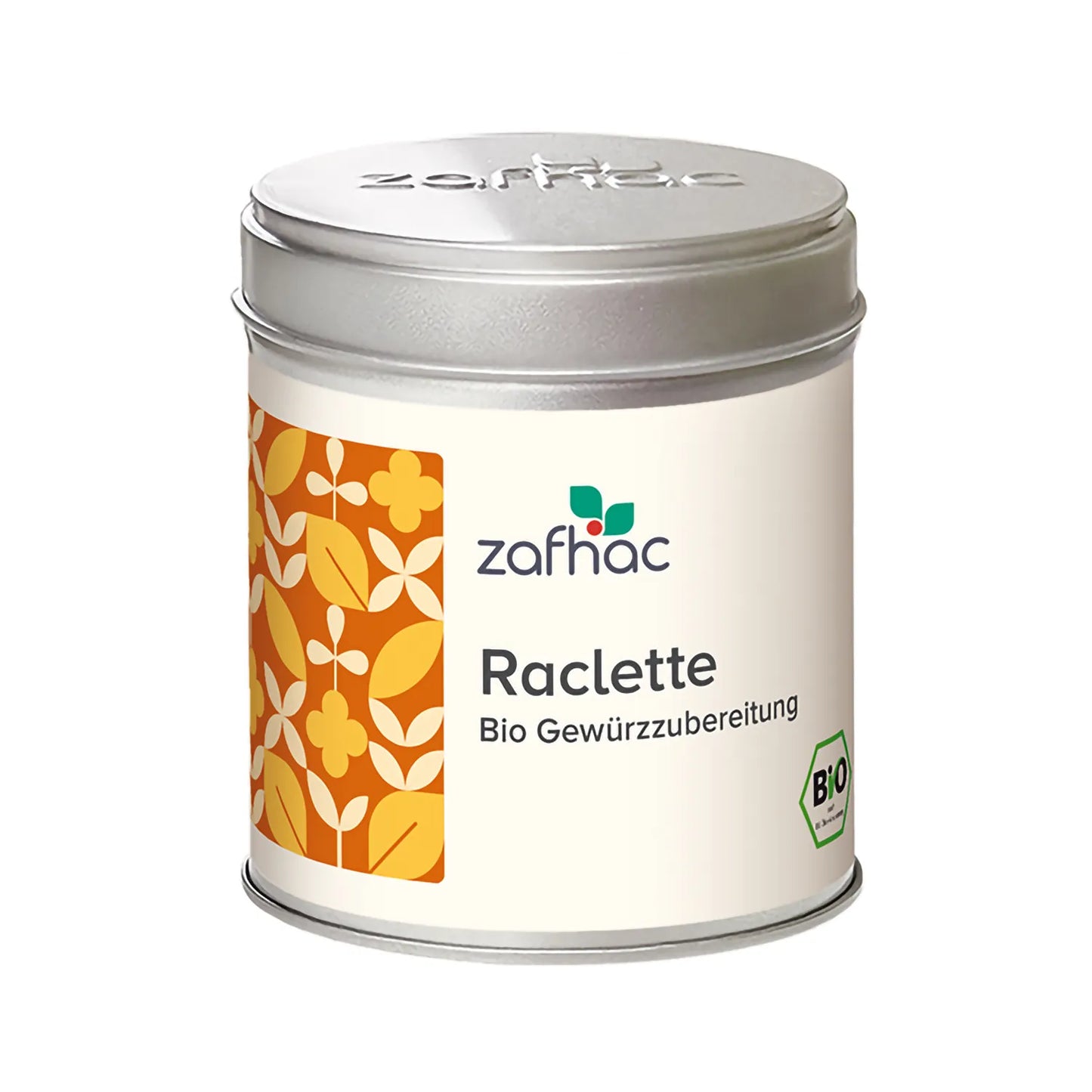 Metalldose mit zafhac Deckel und Aufschrift „Raclette Bio Gewürzzubereitung“