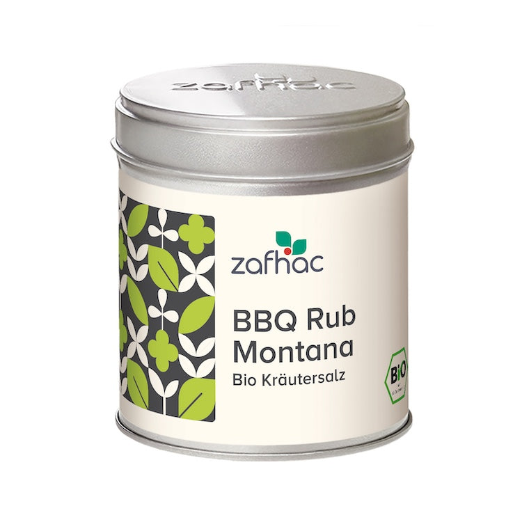 Metalldose mit zafhac Deckel und Aufschrift „BBQ Rub Montana Bio Kräutersalz“