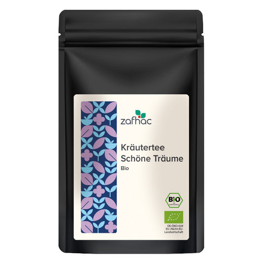 Schwarze Verpackung mit Aufschrift „Kräutertee Schöne Träume Bio“