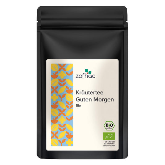 Schwarze Verpackung mit Aufschrift „Kräutertee Guten Morgen Bio“