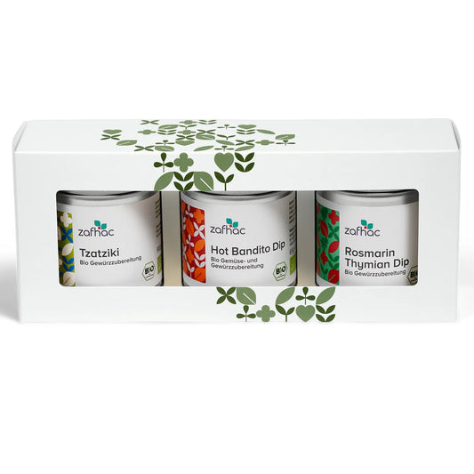 zafhac Dip Bio-Gewürz-Geschenksets mit Tzatziki, Hot Bandito Dip und Rosmarin-Thymian-Dip