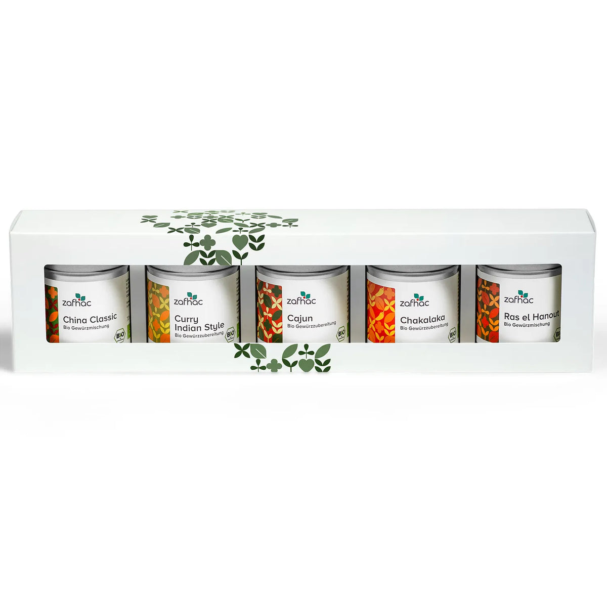 zafhac Weltreise Bio-Gewürz-Geschenkset mit China Classic, Curry Indian Style, Cajun, Chakalaka und Ras el Hanout