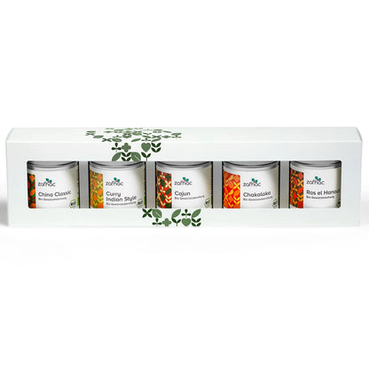 zafhac Weltreise Bio-Gewürz-Geschenkset mit China Classic, Curry Indian Style, Cajun, Chakalaka und Ras el Hanout