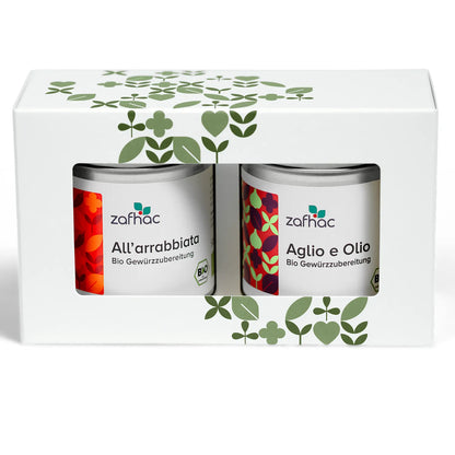 zafhac Pasta-Geschenkset mit den Bio-Gewürzen All’arrabbiata und Aglio e Olio in einer Geschenkverpackung.