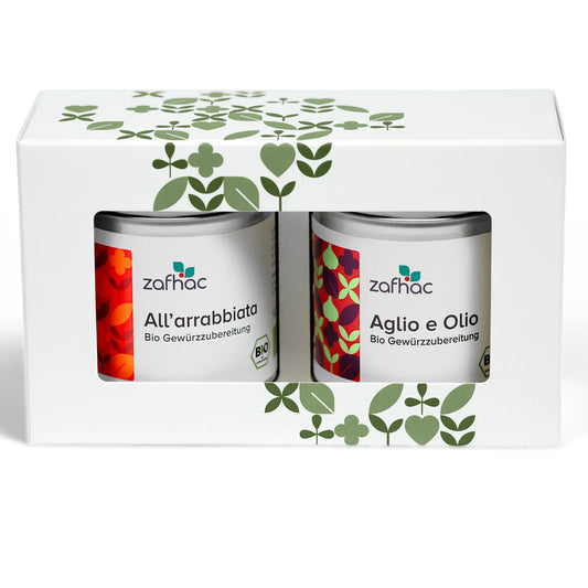 zafhac Pasta-Geschenkset mit den Bio-Gewürzen All’arrabbiata und Aglio e Olio in einer Geschenkverpackung.