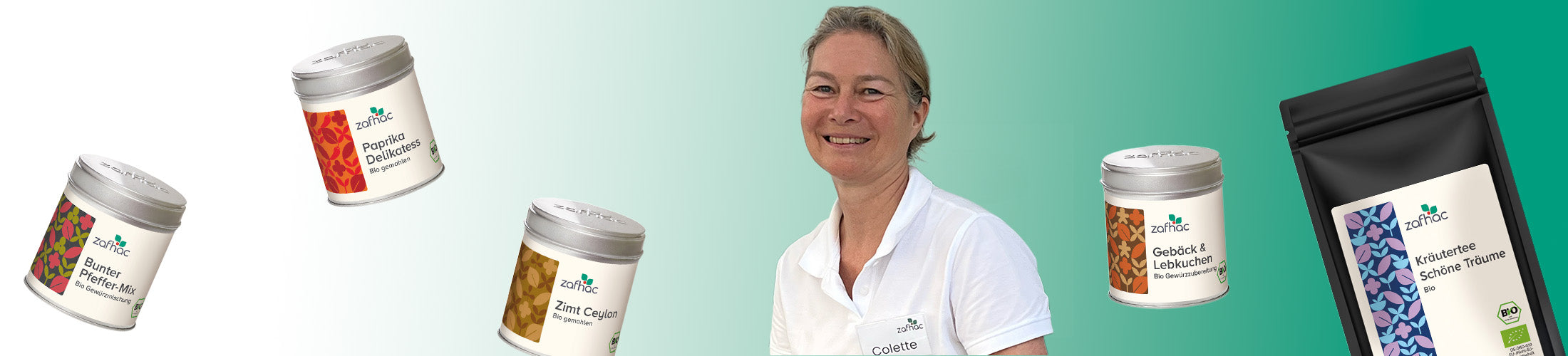 Das Bild zeigt verschiedene Gewürzdosen von zafhac. In der Mitte befindet sich eine Mitarbeiterin von zafhac.