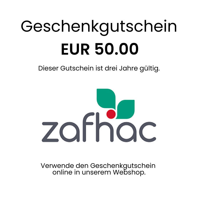 Bild eines Geschenkgutscheins von zafhac in der Höhe von EUR 50. Der Gutschein ist weiß mit schwarzer Schrift und zeigt das zafhac Logo.