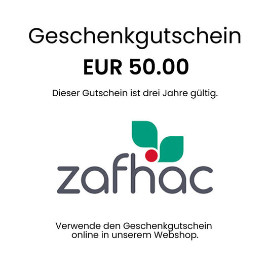 Bild eines Geschenkgutscheins von zafhac in der Höhe von EUR 50. Der Gutschein ist weiß mit schwarzer Schrift und zeigt das zafhac Logo.