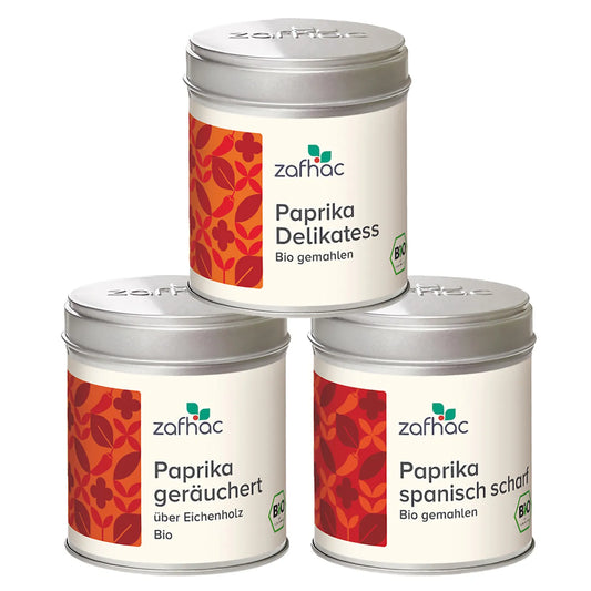 Paprika-Gewürz-Set mit „Paprika Delikatess“, „Paprika geräuchert über Eichenholz“ und „Paprika spanisch scharf“.
