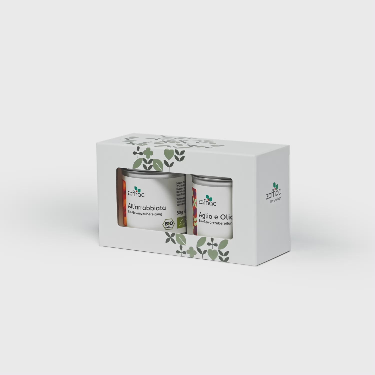 zafhac Pasta-Geschenkset mit den Bio-Gewürzen All’arrabbiata und Aglio e Olio in einer Geschenkverpackung.
