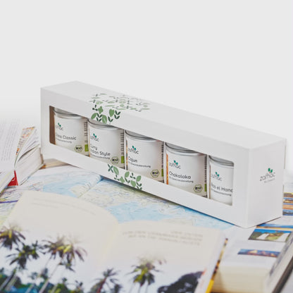 zafhac Weltreise Bio-Gewürz-Geschenkset mit China Classic, Curry Indian Style, Cajun, Chakalaka und Ras el Hanout, dekoriert mit Landkarten und Reisebüchern