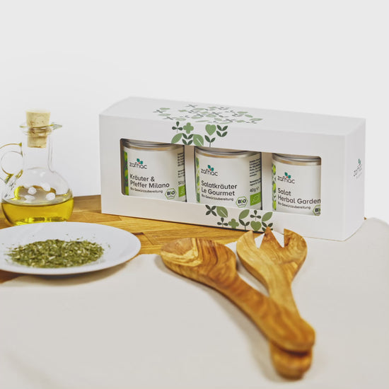 zafhac Salat Bio-Gewürz-Geschenkset mit Kräuter & Pfeffer Milano, Salatkräuter Le Gourmet und Salat Herbal Garden, dekoriert mit Kräutern, Öl und Salatbesteck